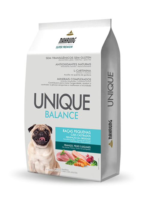 UNIQUE BALANCE<br> Cães Adultos Pequeno Porte <br>Castrados/Prevenção da obesidade <br>Frango, Peixe e Legumes