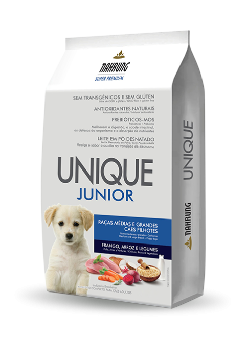 UNIQUE JUNIOR<br>Cães Filhotes Todas as Raças<br>Frango, Arroz e Legumes