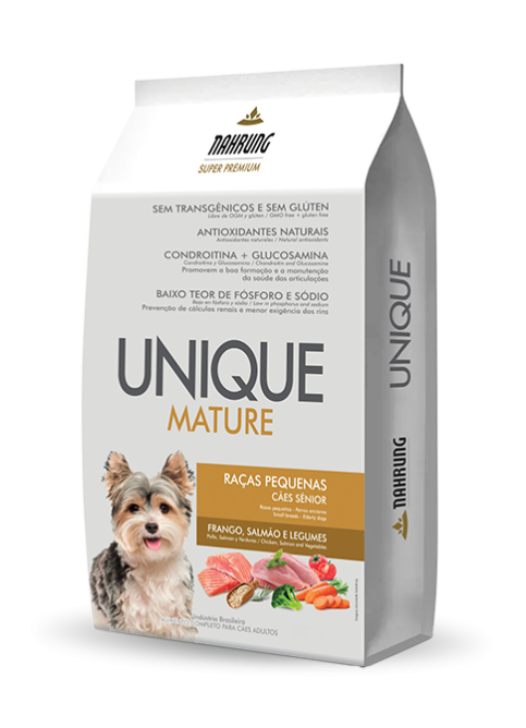 UNIQUE MATURE<br>Cães Sênior Pequeno Porte<br> Frango, Salmão e Legumes