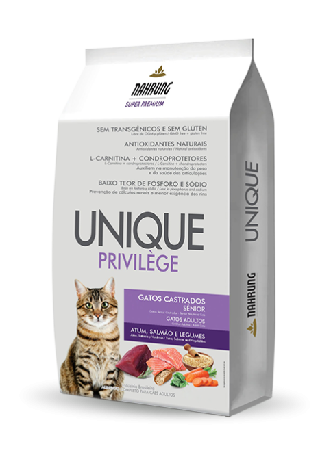 UNIQUE PRIVILÈGE<br>Gatos castrados sênior<br>Atum, Salmão e Legumes
